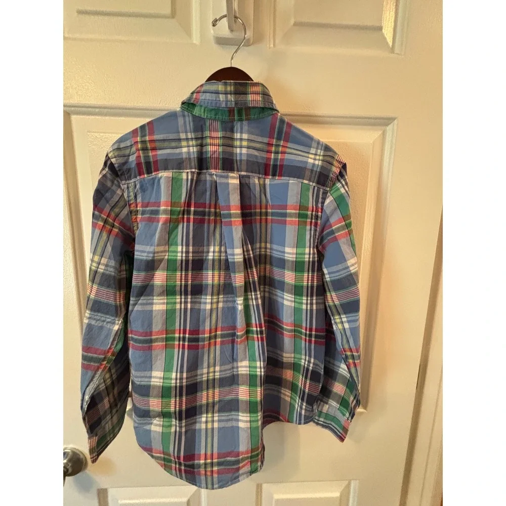Ralph Lauren Boys Blue Green Plaid Button Down Shirt Size M 10-12 Cotton Pony
